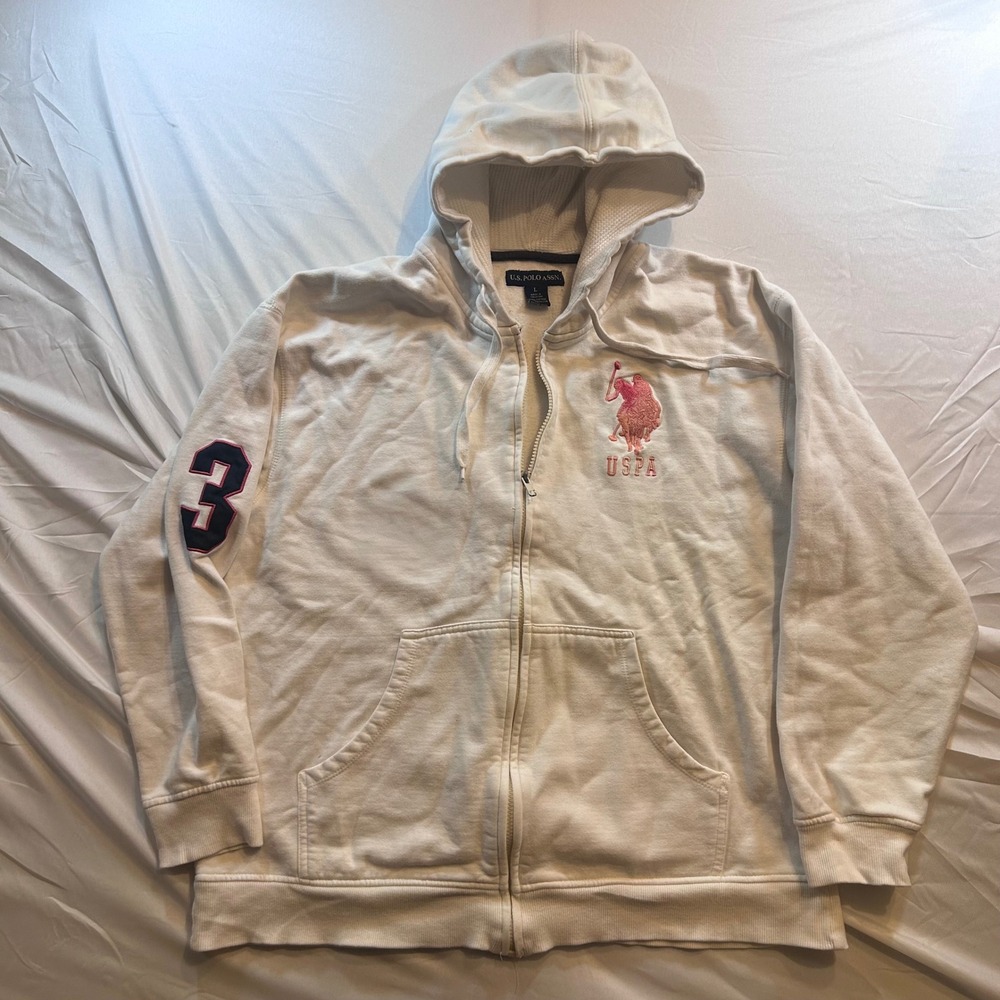 US Polo Assn Mens Full Zip Hoodie White Pink Embroidered Logo Size L